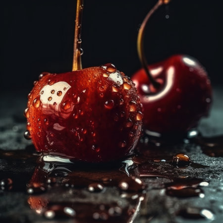 Sweet cherries with drops of water on a black background, selective focus, food magazine lookの素材