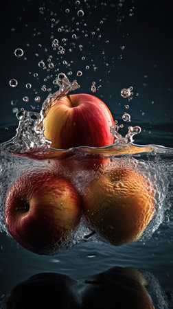 Water splash with red apples on dark background. Healthy and fresh food concept.の素材