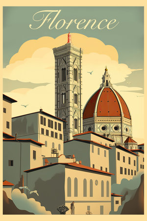 Florence Cathedral, Florence, Italy. torism poster illustration in retro styleの素材