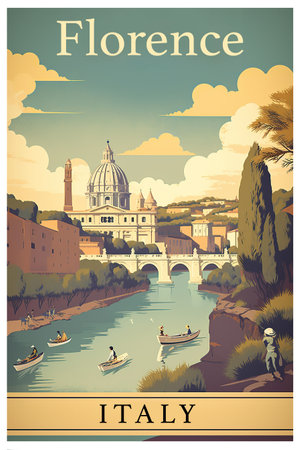 Florence Italy travel poster, tourism poster illustration in retro style.の素材