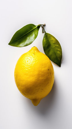 Lemon with green leaves on white background. Flat lay, top view.の素材