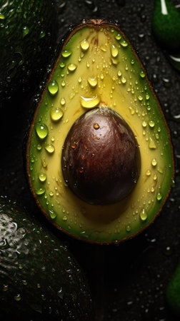 Fresh avocados with water drops on black background, closeupの素材