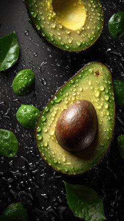 Avocados on a black background with water drops. Close up.の素材