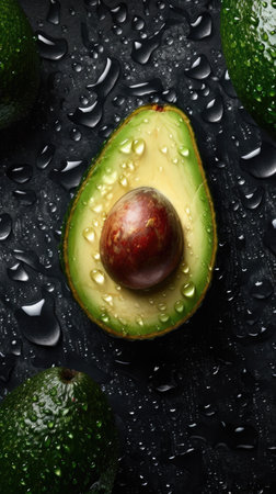 Fresh ripe avocados with water drops on black background, top viewの素材