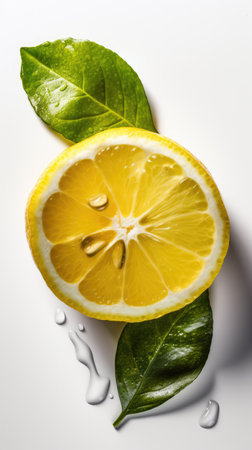 Slices of lemon with green leaves on a white background. isolatedの素材