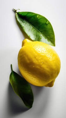 Lemon with green leaves on white background, close-up.の素材