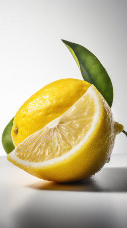 Lemon with leaf on a white background. Shallow depth of field.の素材