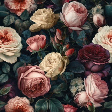 Vintage floral background with colorful roses. Flat lay, top view.の素材