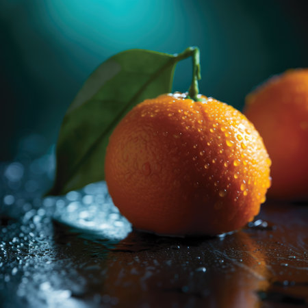Tangerines with water drops on a dark background. Toned.の素材