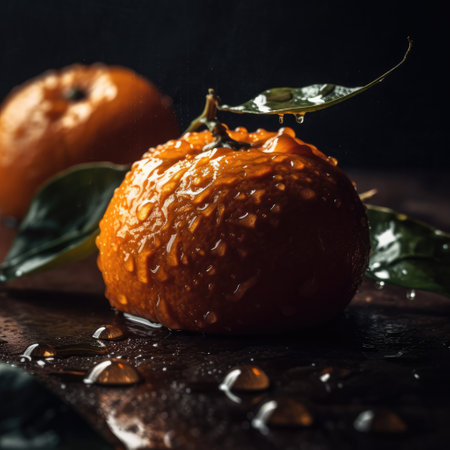 Ripe tangerines with drops of water on a dark backgroundの素材