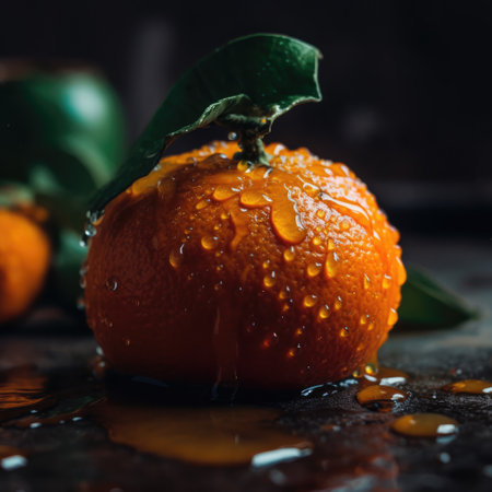 Tangerines with drops of water on a dark wooden background.の素材