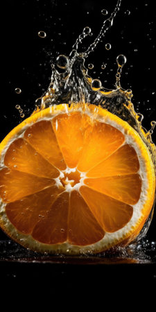 Slice of orange with water splash, isolated on black background. studio shotの素材