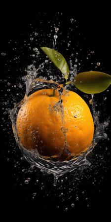 Fresh orange with water splash isolated on black background. studio shot.の素材