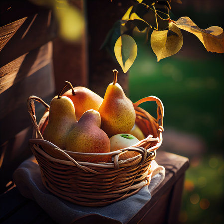 Basket of ripe pears on a wooden table in the gardenの素材