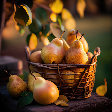 Basket of pears on a wooden table in the autumn garden, cinematic lightの素材