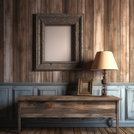 Vintage interior with wooden table, lamp and picture frame. 3d render, etsy styleの素材