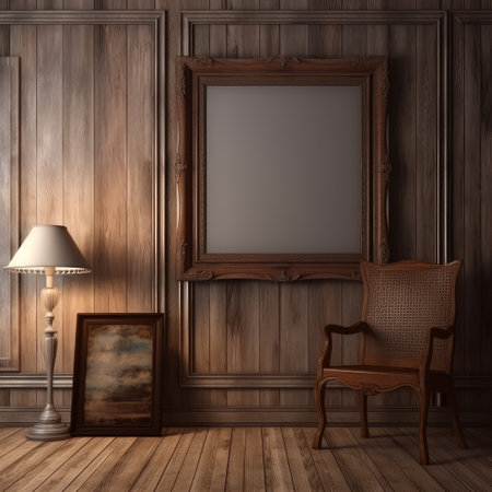 3d render of an old wooden room interior with chair and picture frame, etsy styleの素材
