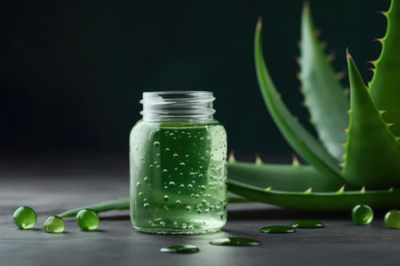 Glass jar with aloe vera gel on table, closeup, dark backgroundの素材