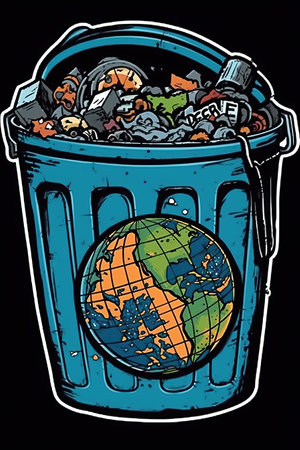 Illustration of a trashcan full of garbage and a globe. earth day conceptの素材