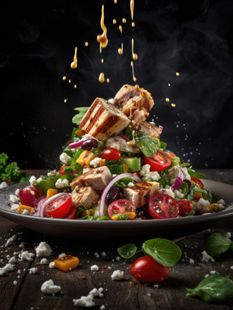 Salad with grilled chicken, vegetables and cheese on dark backgroundの素材