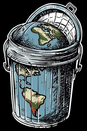 Illustration of a trash can with earth globe in it, earth pollution concept, save the planet, black backgroundの素材