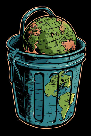 Illustration of a trash can with a world globe in it. earth pollution, save the planetの素材