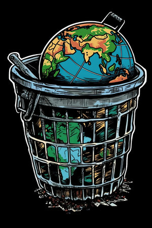 Earth in the trash can. illustration on a black background. earth pollution concept, earth day, save the planetの素材