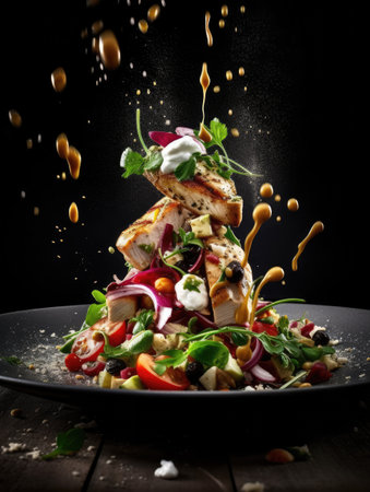 Salad with grilled chicken fillet and vegetables on a black backgroundの素材