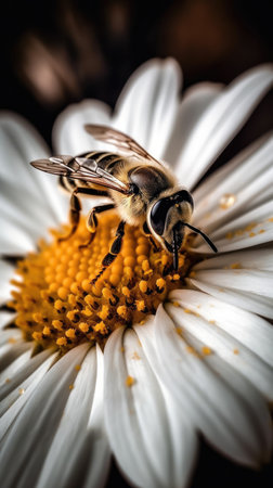 Bee on a daisy flower. Selective focus. Shallow depth of field, save the beeの素材