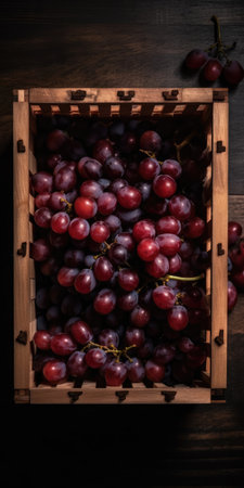 Ripe red grapes in a wooden box on a dark wooden background. top viewの素材