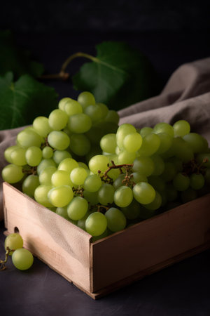 Fresh green grapes in a wooden box on a dark background. Selective focus.の素材