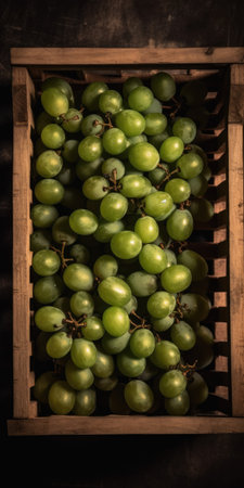 Fresh green grapes in a wooden box. Selective focus. Toned. top view, fruit marketの素材