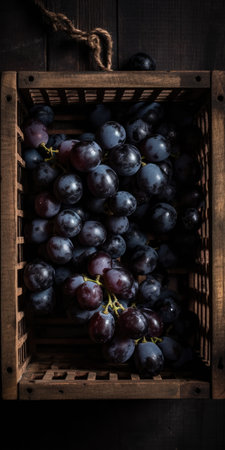 Ripe black grapes in a wooden box. Selective focus. Toned.の素材