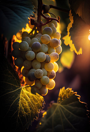 Ripe white grapes in vineyard at sunset, close-up, golden grapesの素材