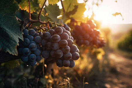 Bunches of ripe red wine grapes in vineyard at sunsetの素材