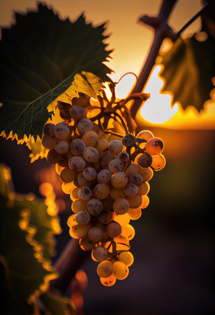 Close up of a bunch of grapes on vineyard at sunset. grape illuminated by sunの素材