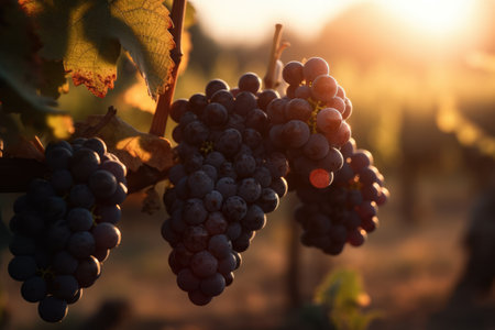 Ripe grapes in vineyard at sunset. Toned image. magazine shotの素材