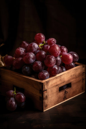 Grapes in a vintage wooden box on a dark background. Selective focus. Toned. fruit marketの素材