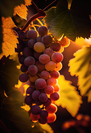 Bunch of grapes on vineyard at sunset, close up. diffuse lightの素材