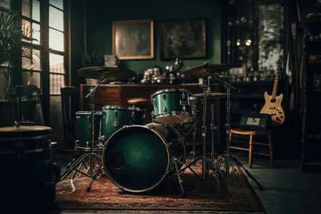 Drum set in a vintage music studio. Retro style toned imageの素材