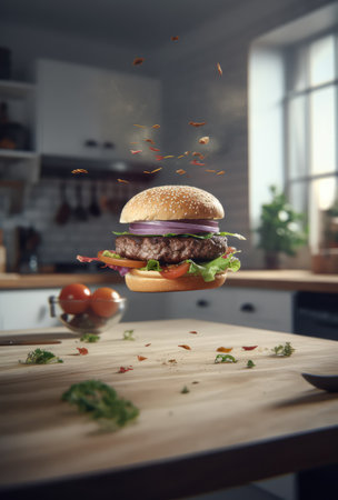 Hamburger with flying ingredients on a wooden table in the kitchenの素材