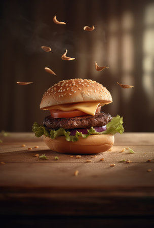 Hamburger with flying ingredients on wooden background. Fast food conceptの素材