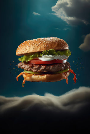 Hamburger with flying ingredients on a dark blue background with cloudsの素材