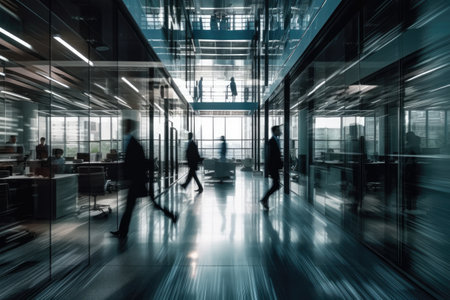 Business people walking in the corridor of a modern office building with motion blur effectの素材
