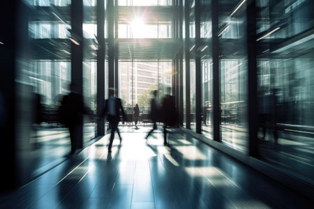 Business people walking in the lobby of a modern office building, motion blurの素材