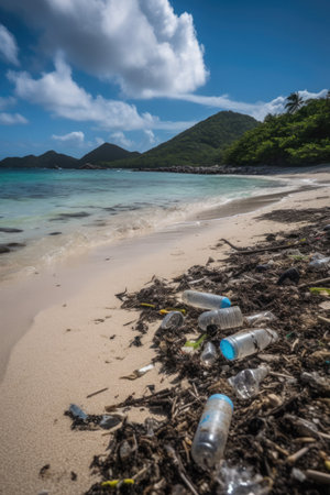 Plastic bottles on the beach. Plastic Pollution of the environment.の素材