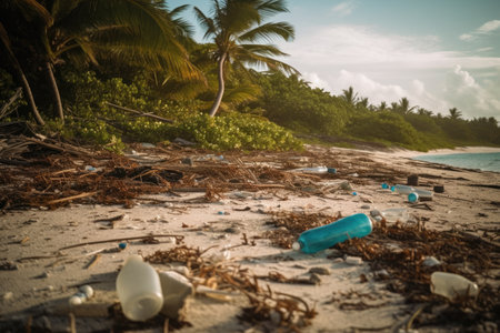 Plastic waste on a tropical beach with palm trees and blue sky.の素材