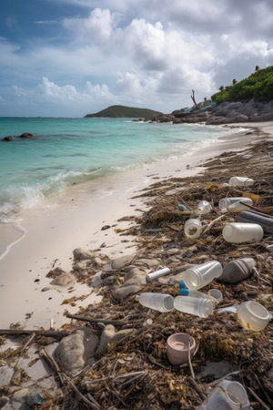 Plastic garbage on a caribbean beach. Environmental pollution. Pollution concept.の素材