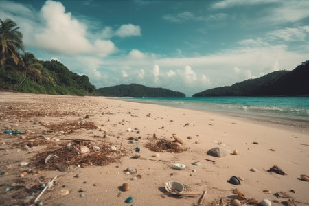 Tropical beach littered with small plastic trashの素材