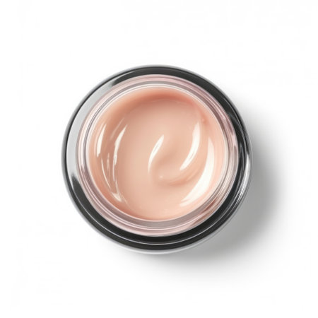 Jar of light pink face cream on white background, top view. Cosmetic productの素材
